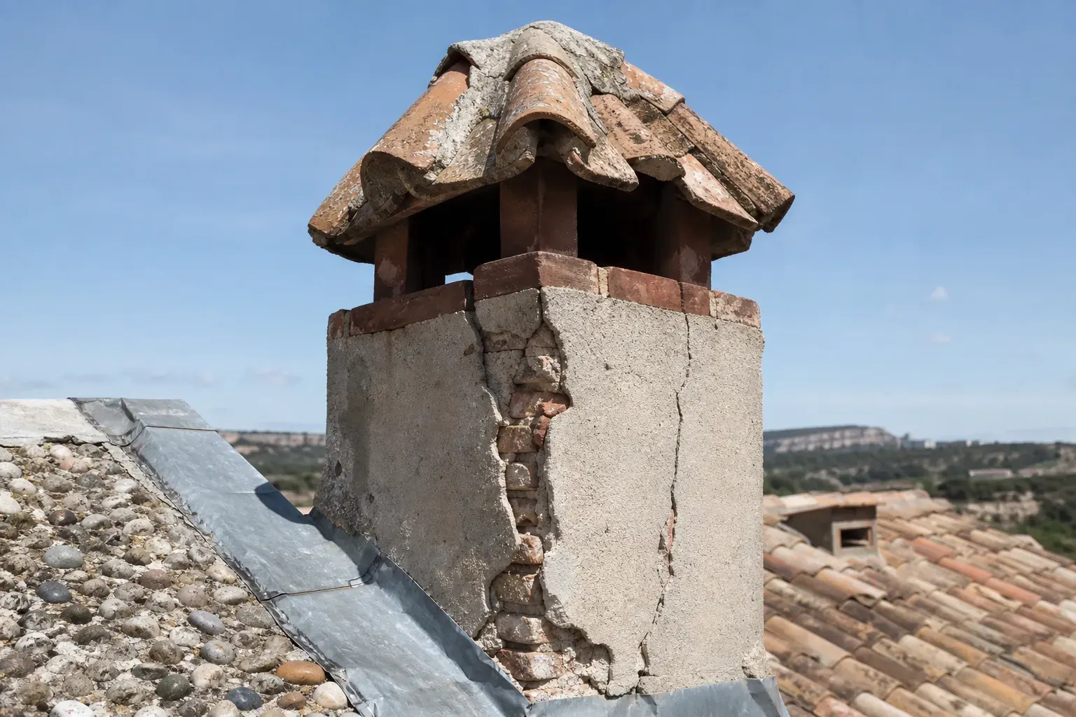 Souche de cheminée dont l’enduit a éclaté sur la face au vent, fissure verticale et brique apparente