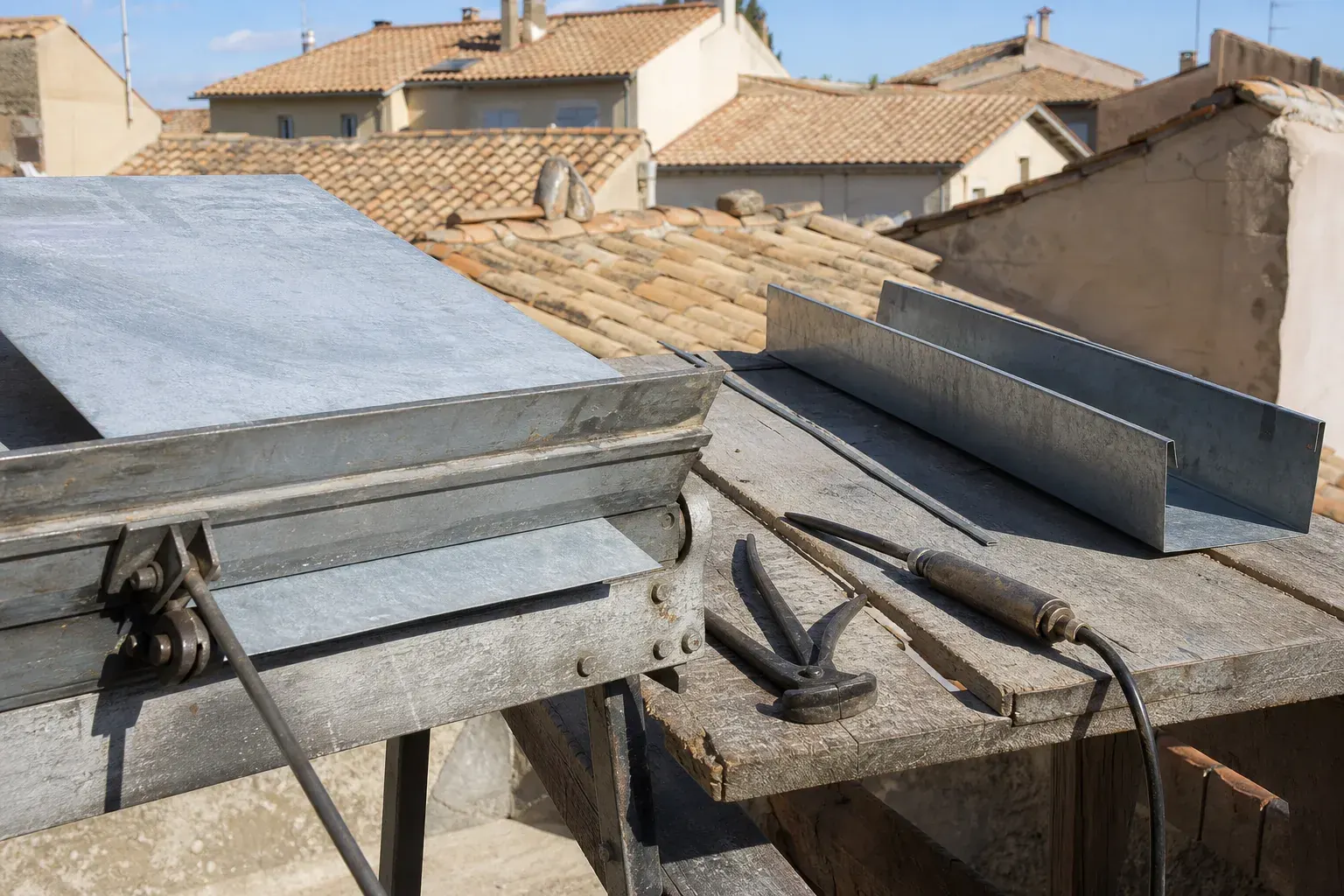 Feuille de zinc pliée sur une plieuse à main, pinces à agrafer et fer à souder posés à côté