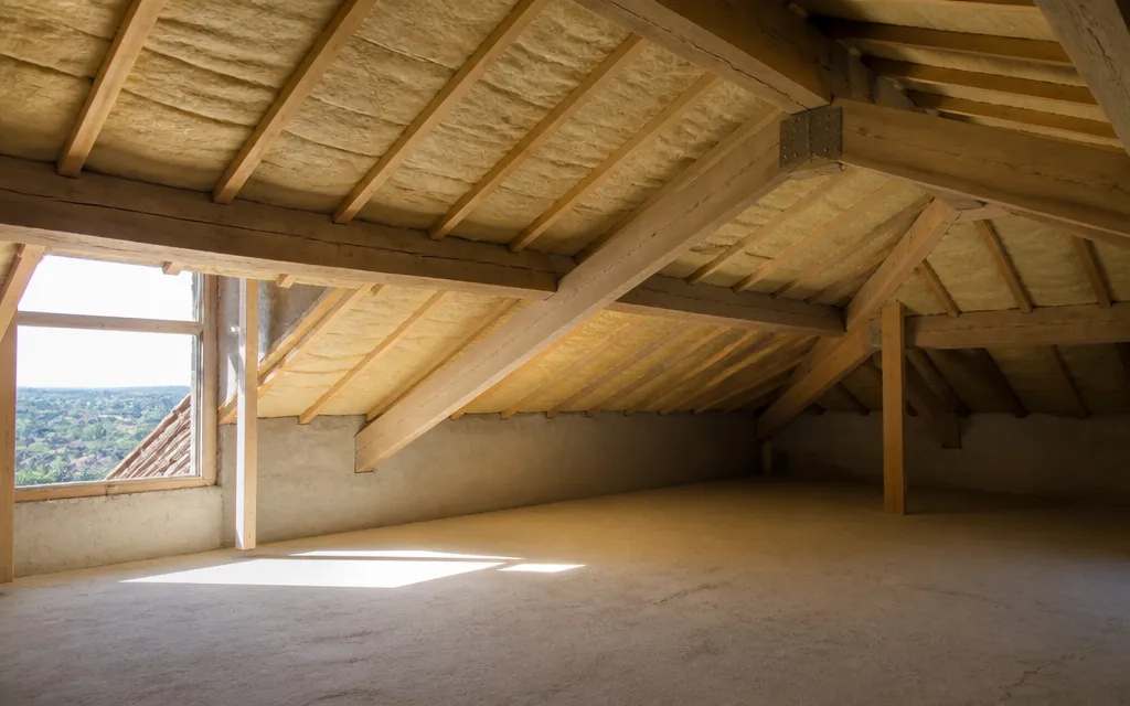 Comble isolé entre chevrons, bois de la structure du toit apparent, espace propre et sec