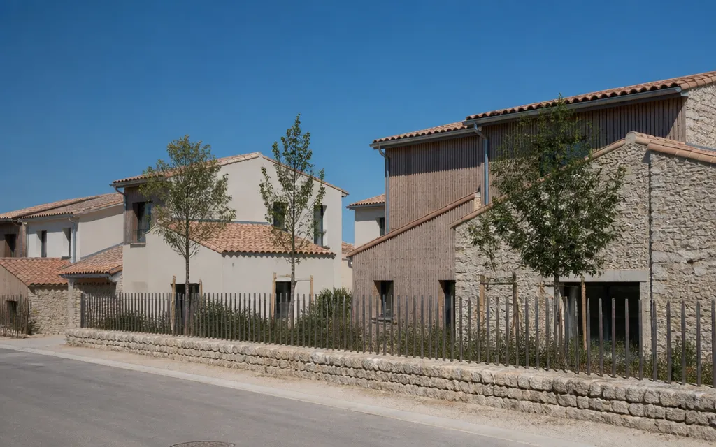 Rangée de maisons récentes à couverture de tuiles à emboîtement en bordure de ville