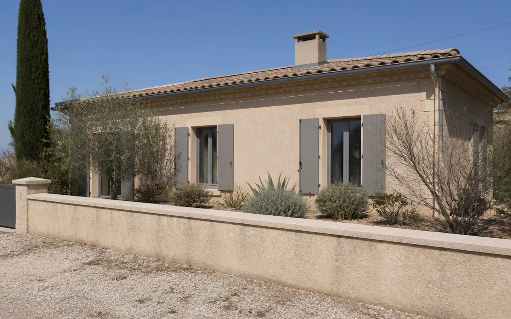 Maison basse de la plaine du Roussillon à couverture de tuile canal et génoise