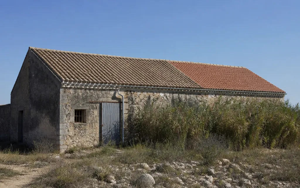 Bâtiment agricole ancien dont un versant est rapiécé de tuiles d’une teinte plus claire