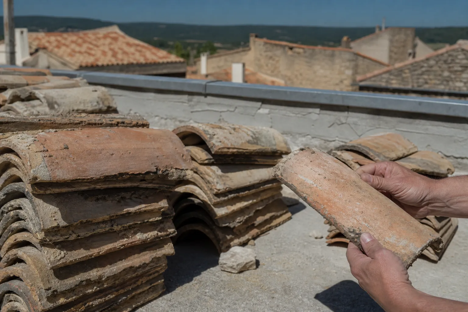 Tuiles canal de remploi rangées en piles au sol, une main tenant une tuile par la tranche
